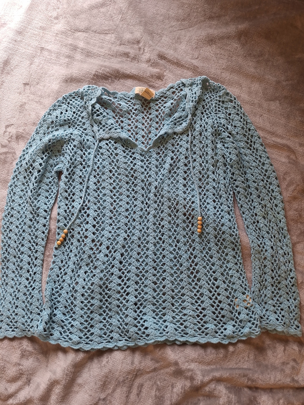Light Blue Crochet V-Neck Pullover Hoodie with Drawstring
